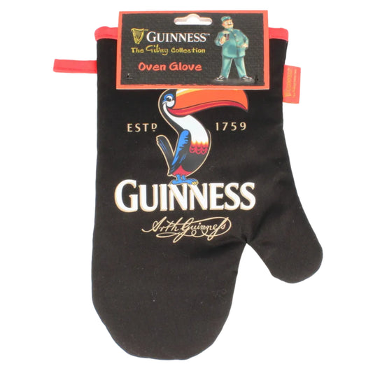 A black oven mitt with the image of a toucan and "guinness" written in white text.