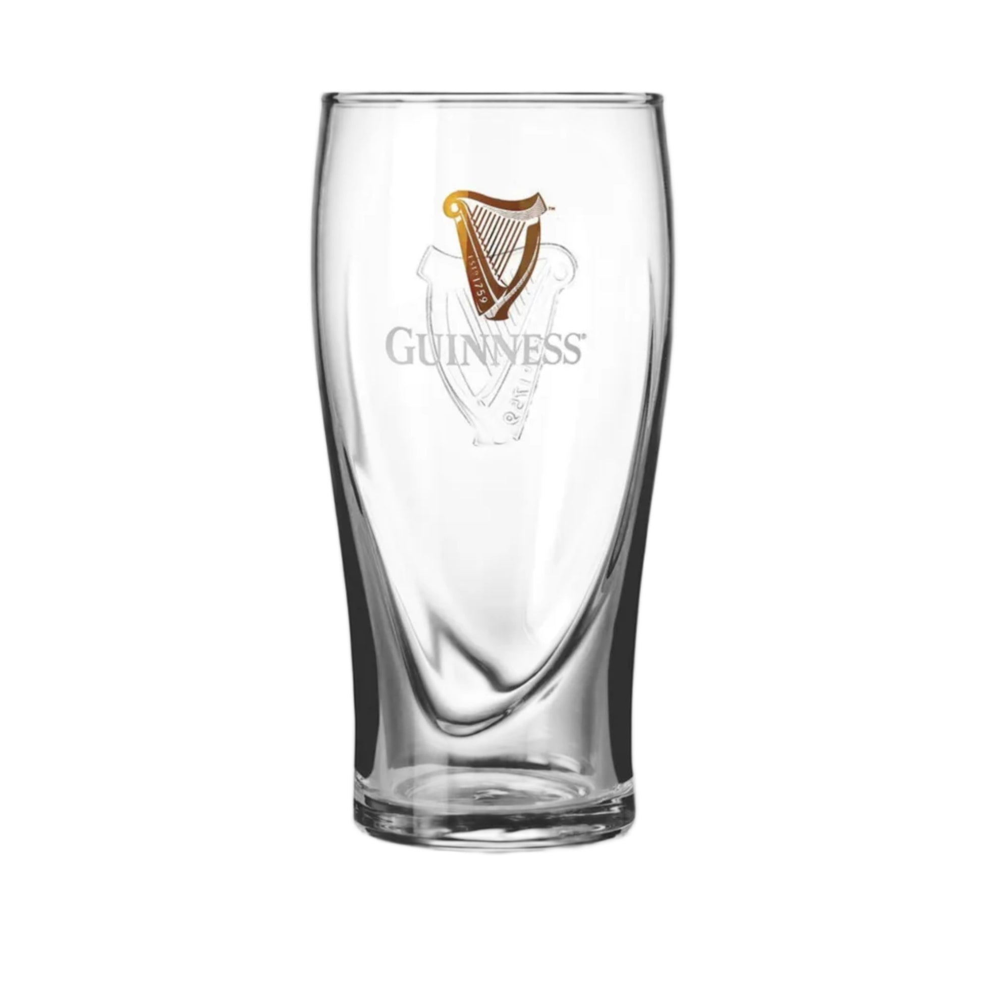 Clear guinness pint glass with the word "guinness" and a golden harp on the front.