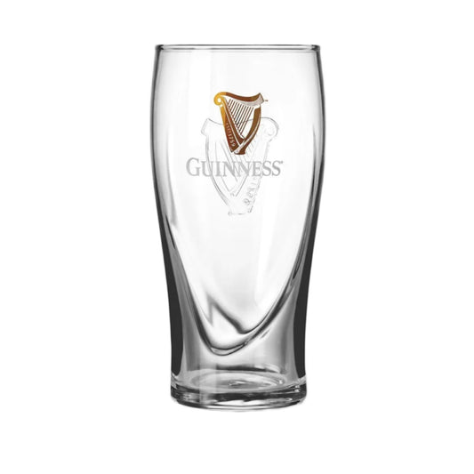 Clear guinness pint glass with the word "guinness" and a golden harp on the front.
