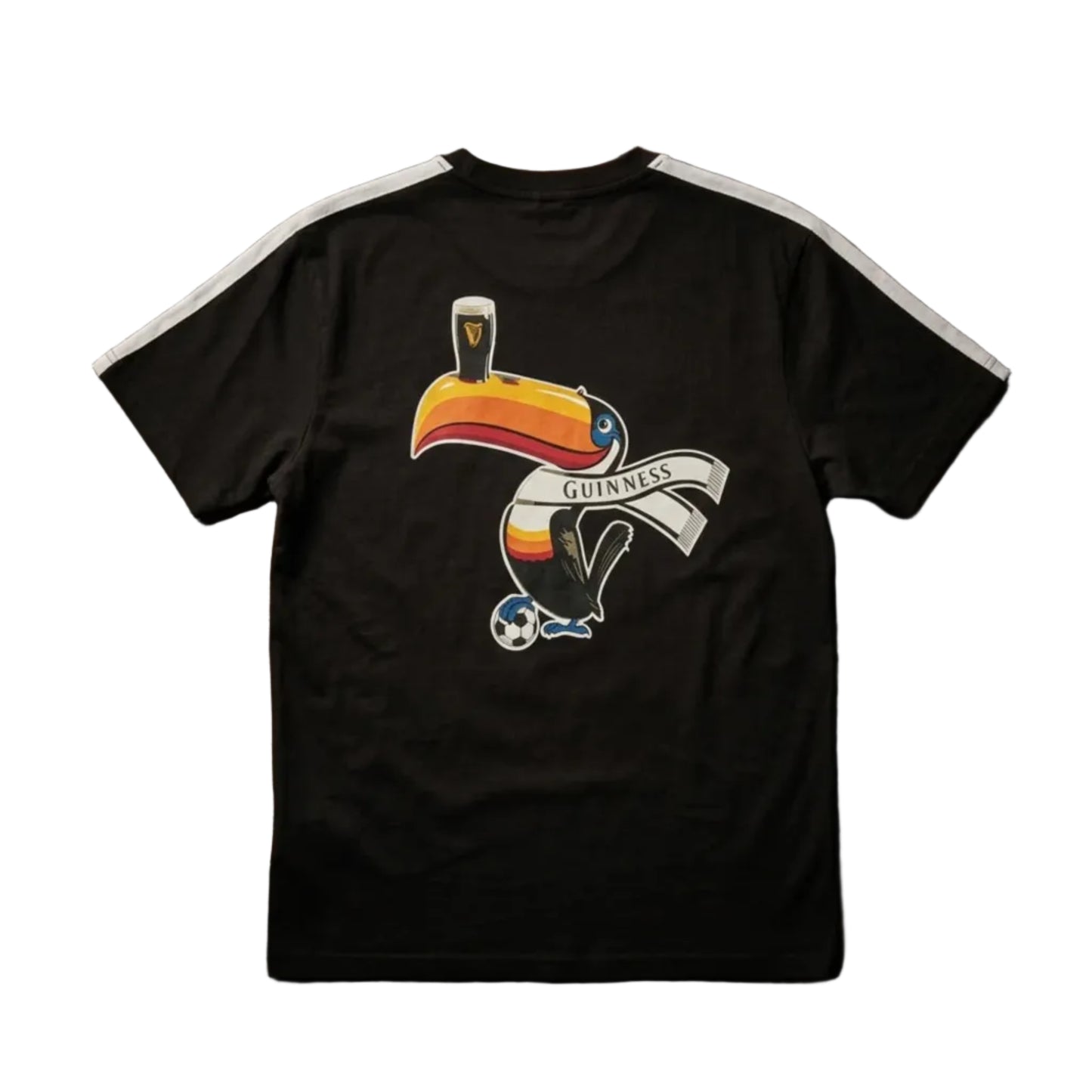 Black t-shirt with print of a toucan holding Guinness on its beak and a soccer ball in its claw.