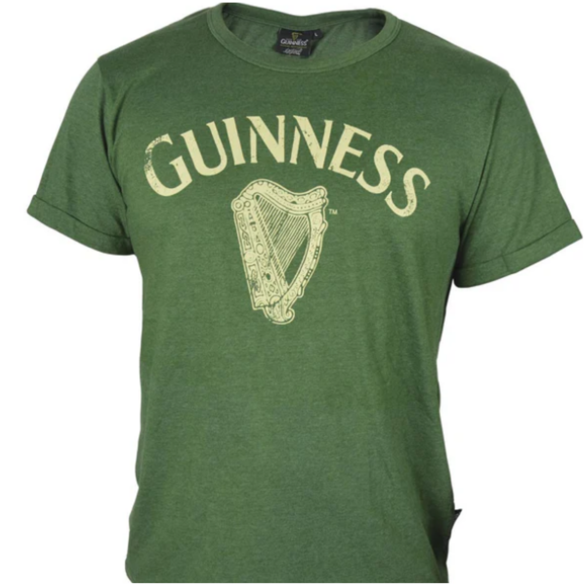 A green heathered t-shirt with the text 'GUINNESS' and a graphic harp design on the front.