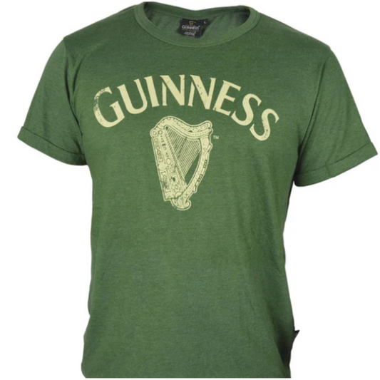 A green heathered t-shirt with the text 'GUINNESS' and a graphic harp design on the front.