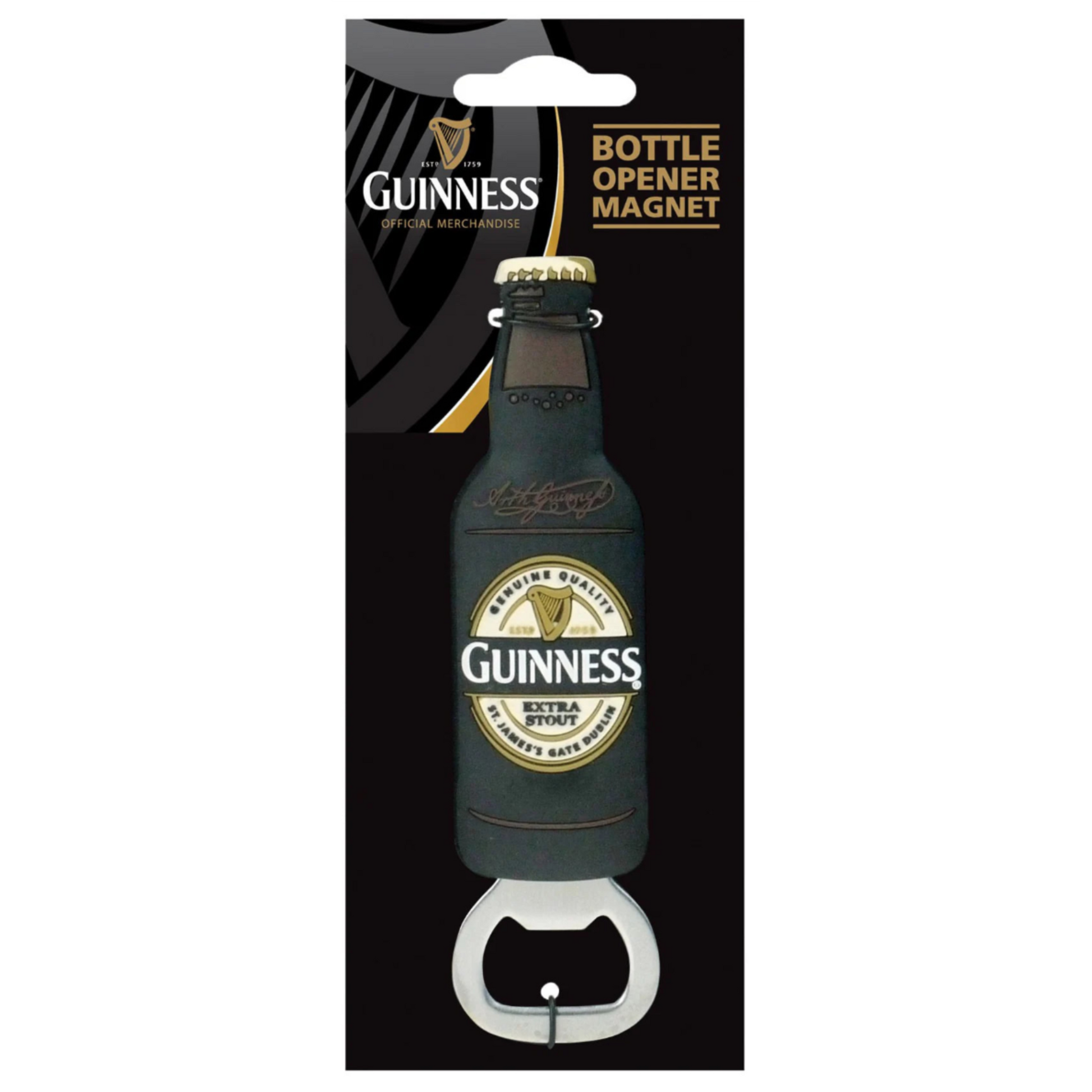 Guinness beer bottle shaped magnet with a metal bottle opener end.