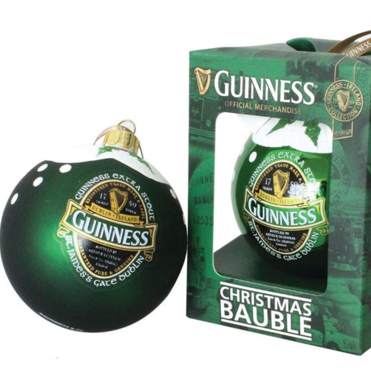 Guinness Christmas bauble with packaging on a white background