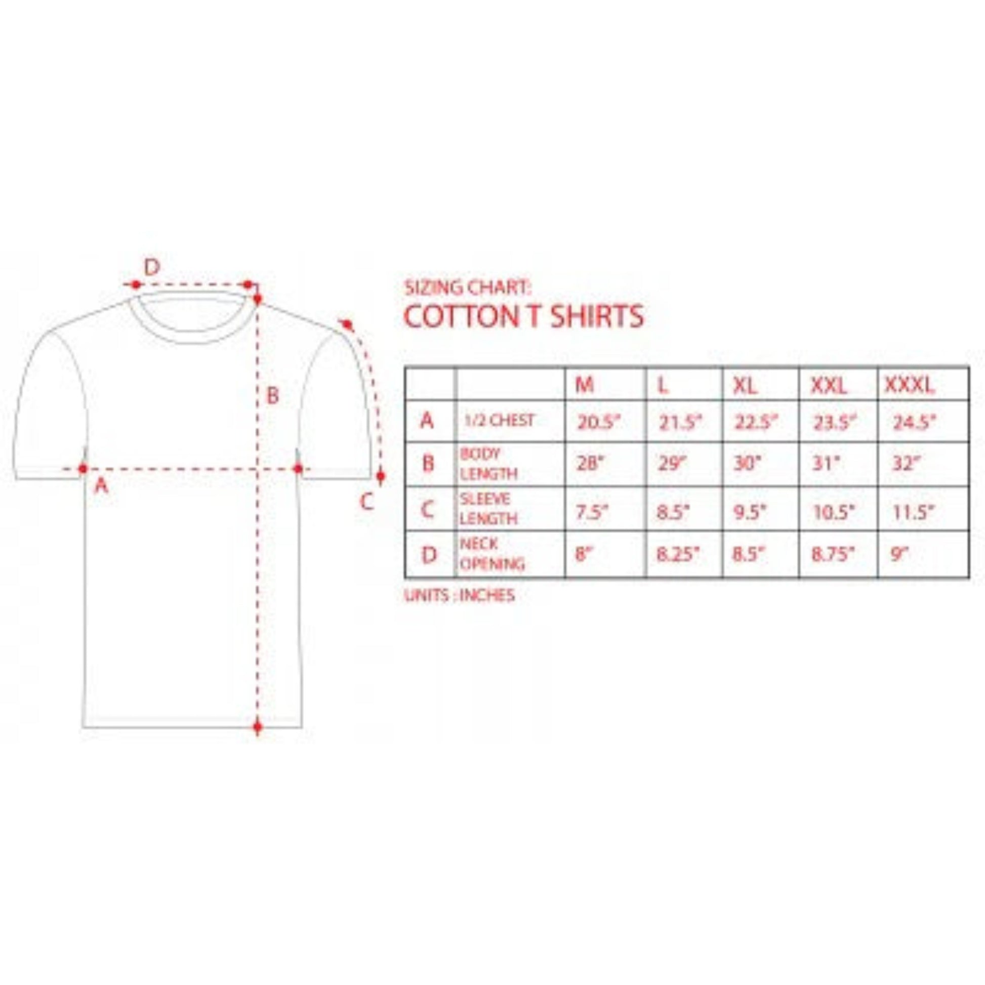 A guinness cotton shirt sizing chart from M to XXXL.