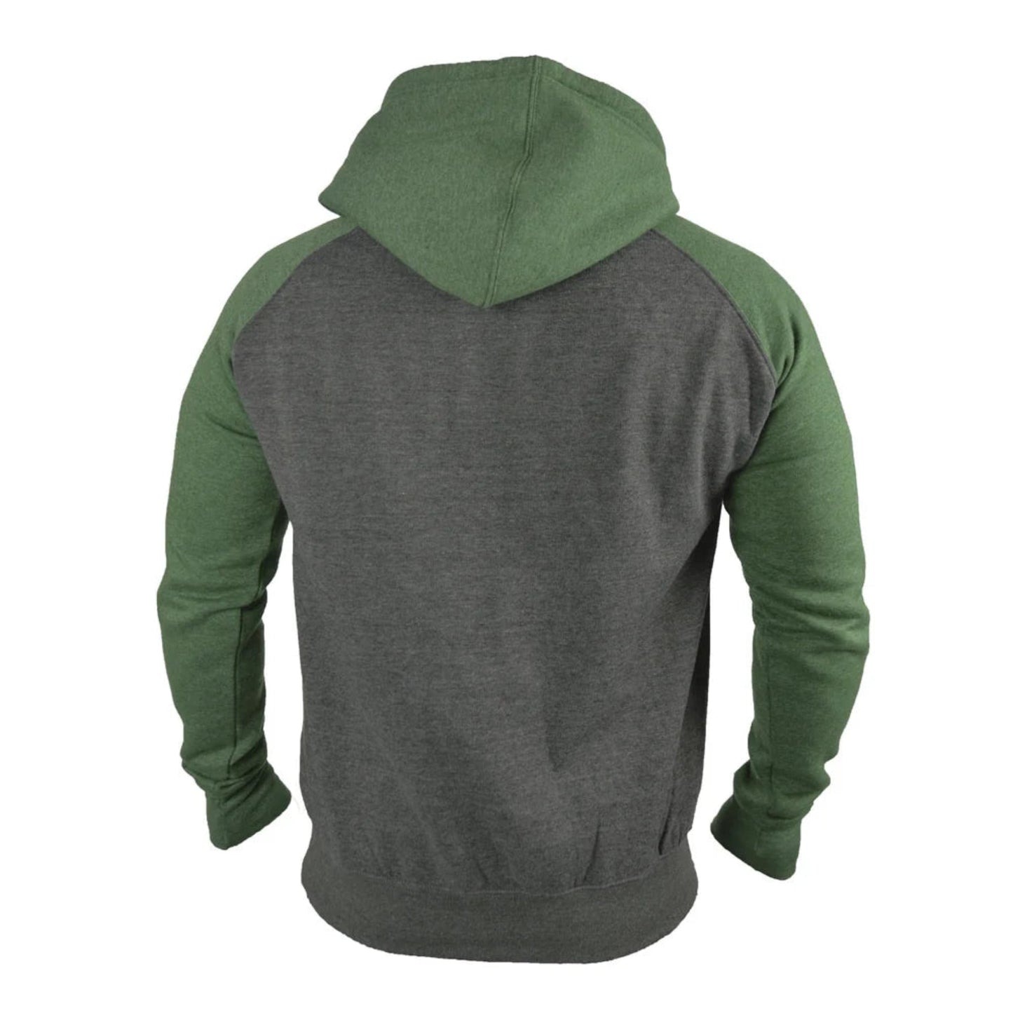 Green and gray hoodie shown from the back on a white background