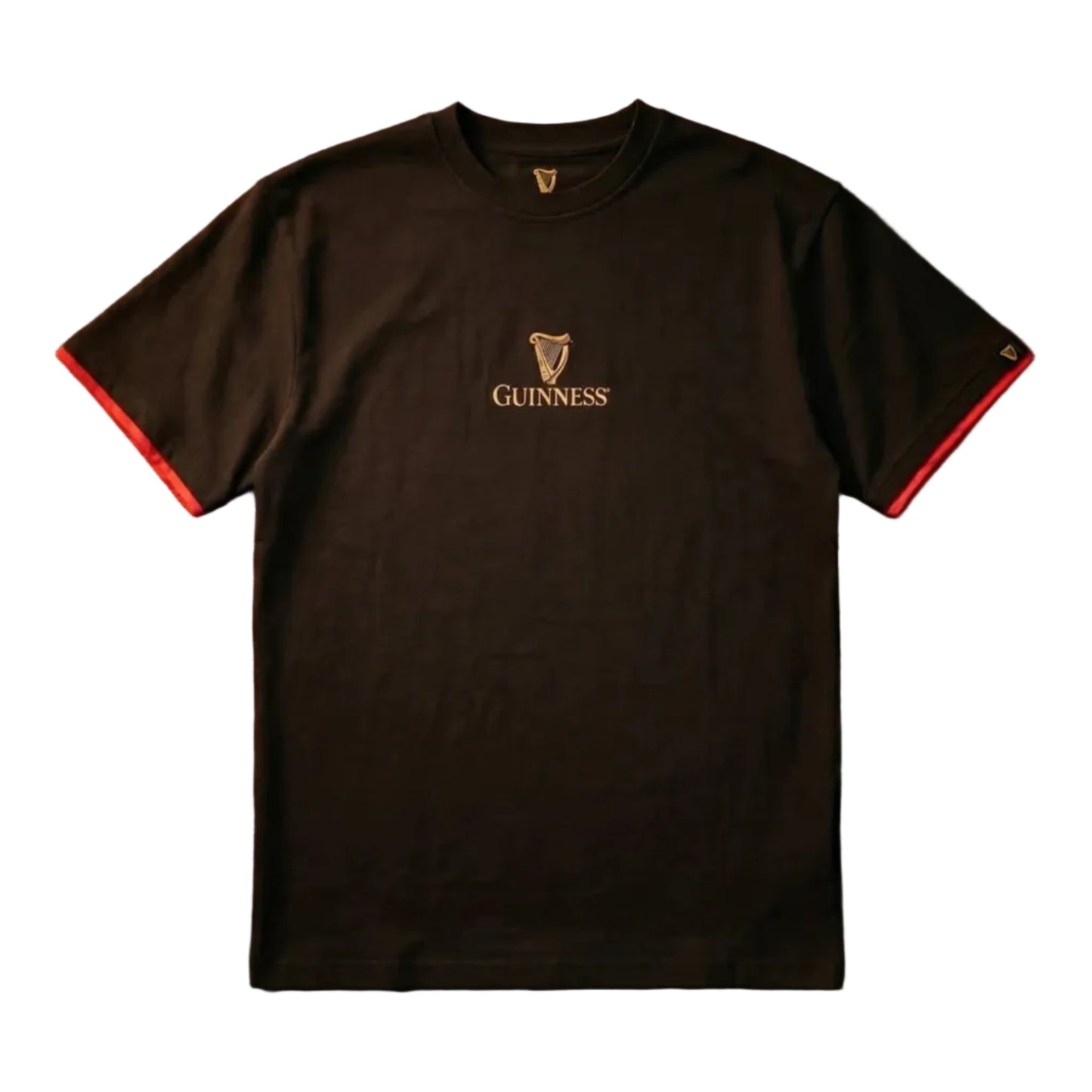Black T-Shirt with red contrast on ends of sleeves and "guinness" written on the chest. 