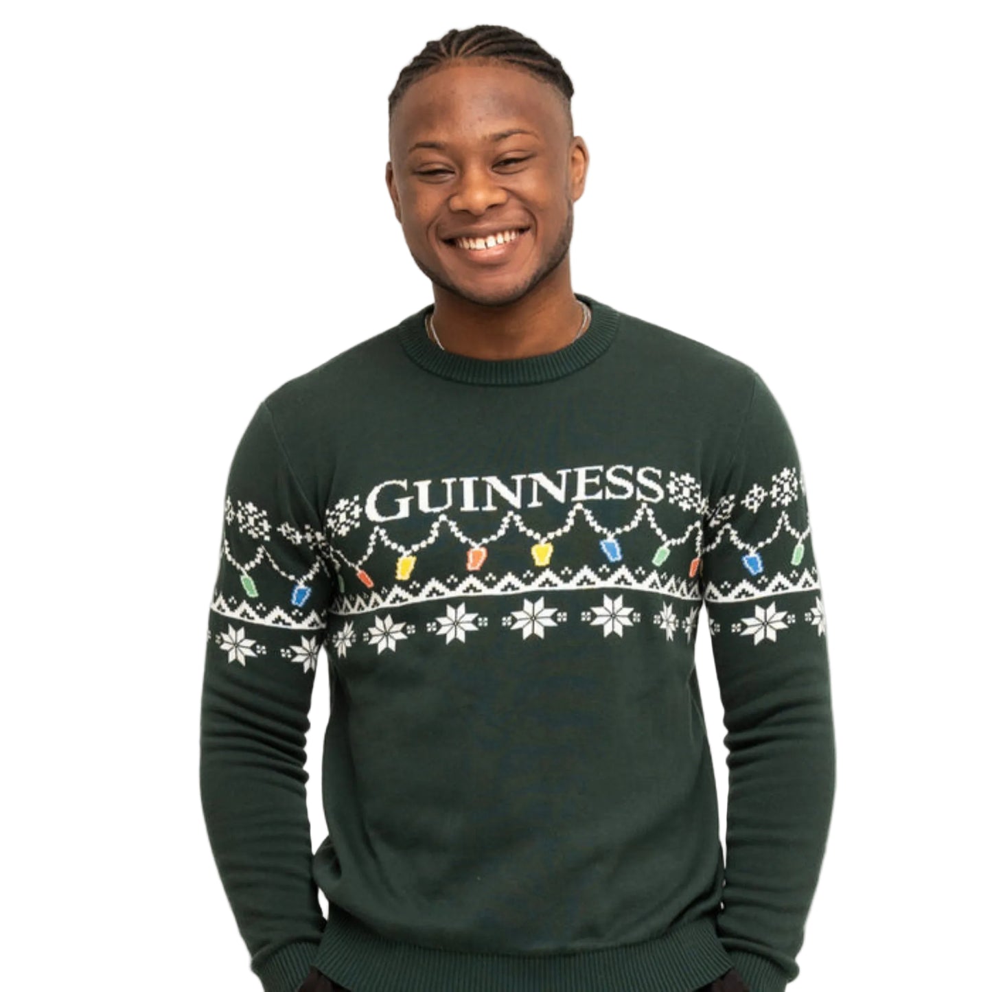 Man wearing a green sweater with "GUINNESS" on the chest and a pint-shaped holiday light pattern.