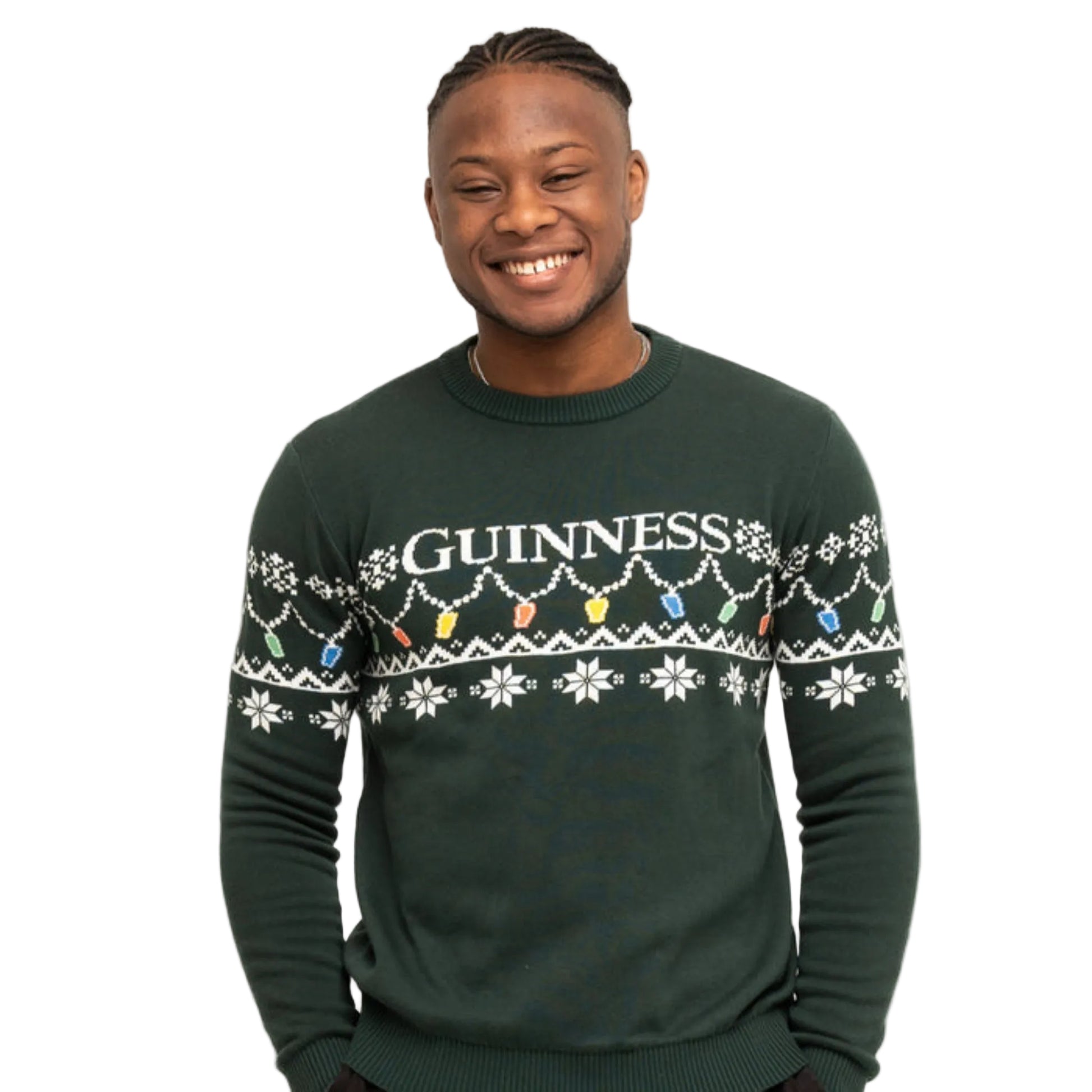 Man wearing a green sweater with "GUINNESS" on the chest and a pint-shaped holiday light pattern.