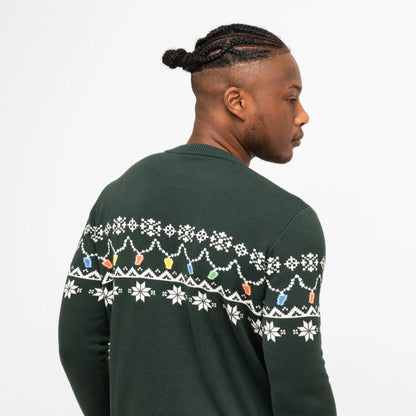 Man showing the back of his green sweater with a pint-shaped christmas light pattern.