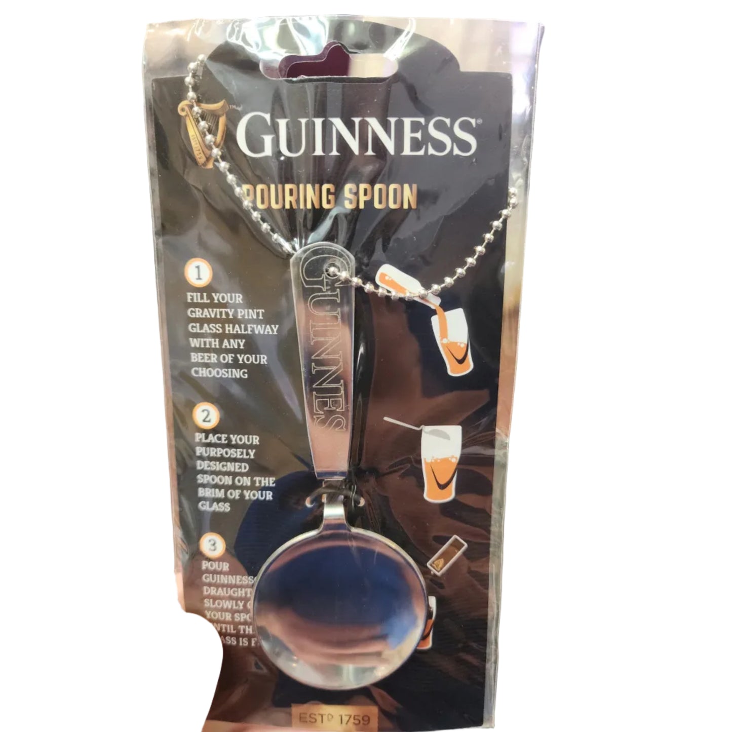 A metal spoon in black packaging with Guinness written on the arm.