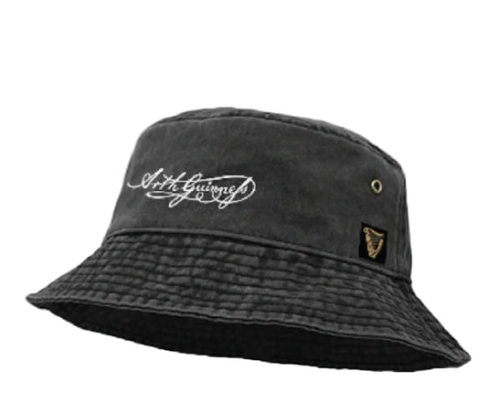 Black bucket hat with a logo on a white background