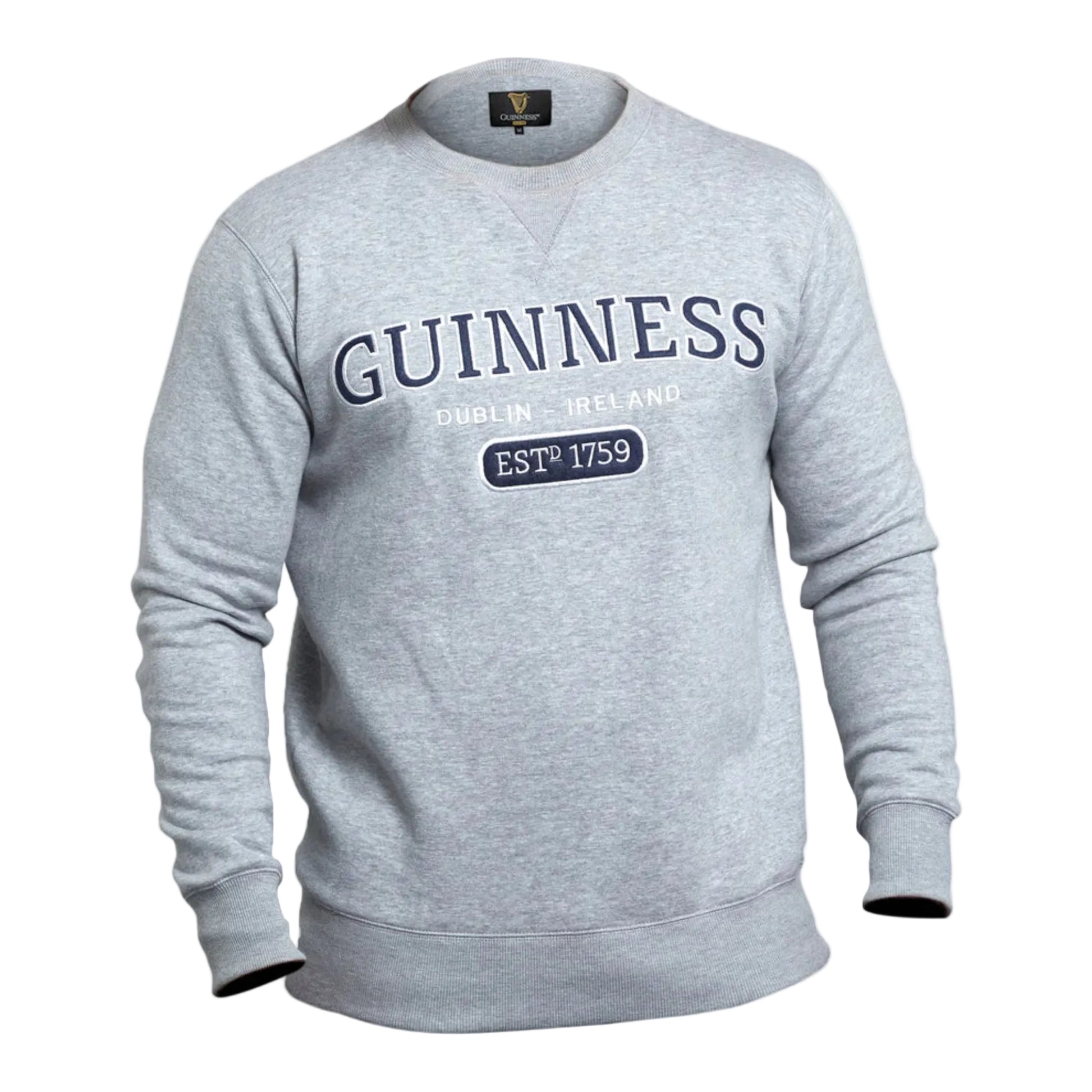 Grey crew neck sweatshirt with the word "Guinness" embroidered across the chest, followed by "Dublin - Ireland" and "ESTd 1759."