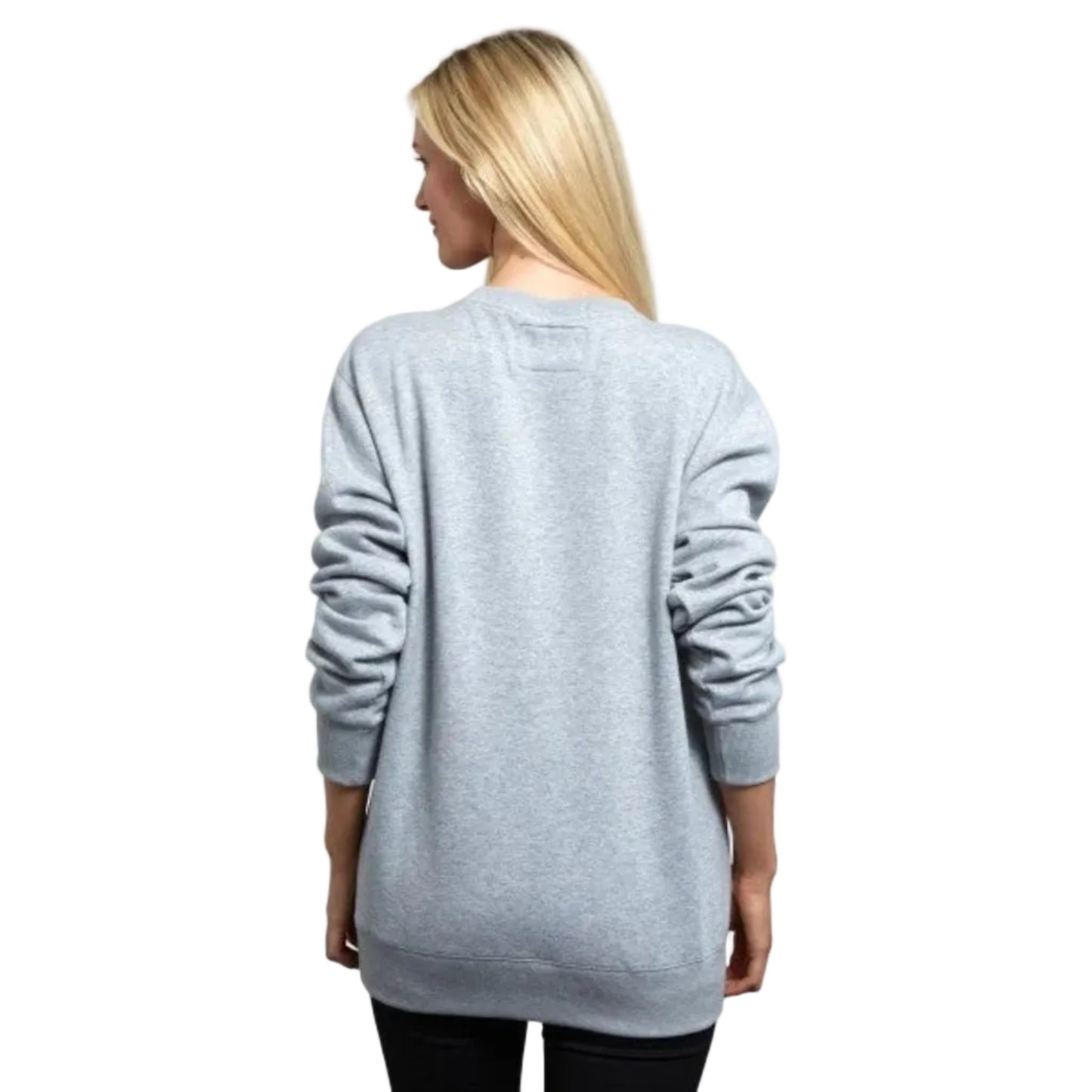 Back of a woman wearing a grey crewneck sweatshirt.