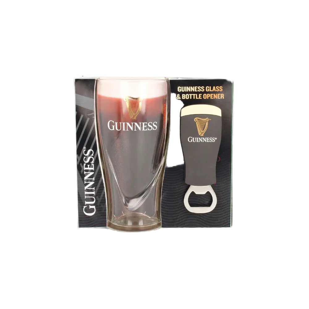 Guinness glass and bottle opener set in packaging