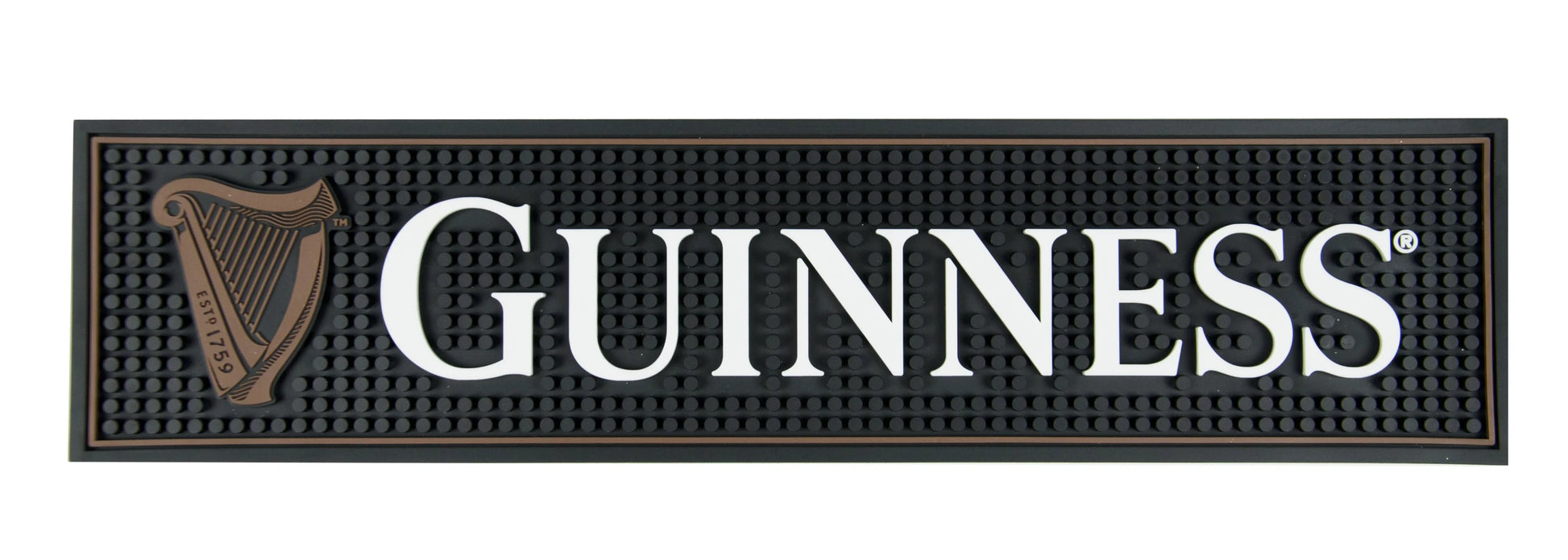 Guinness logo on a black bar mat with a harp symbol