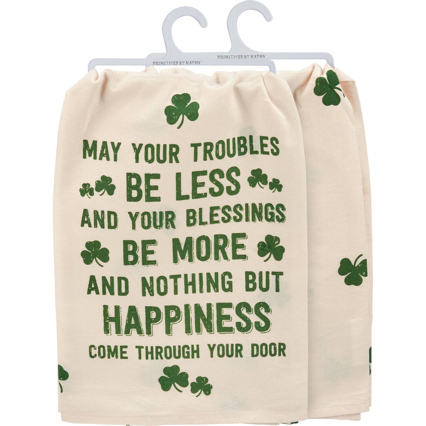 Beige towel with green text and shamrock patterns on a hanger