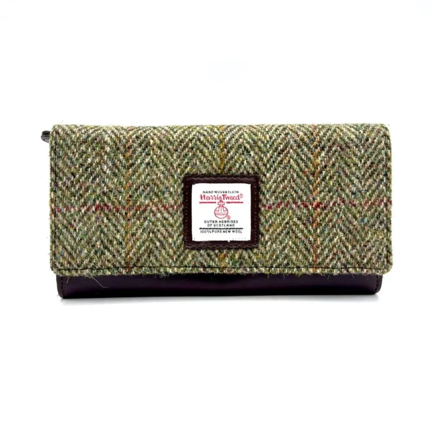Green herringbone patterned clutch bag with a visible brand label on a white background