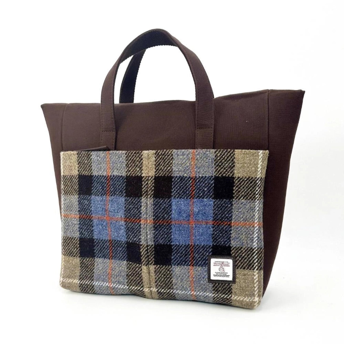 Brown tote bag with plaid pattern on a white background