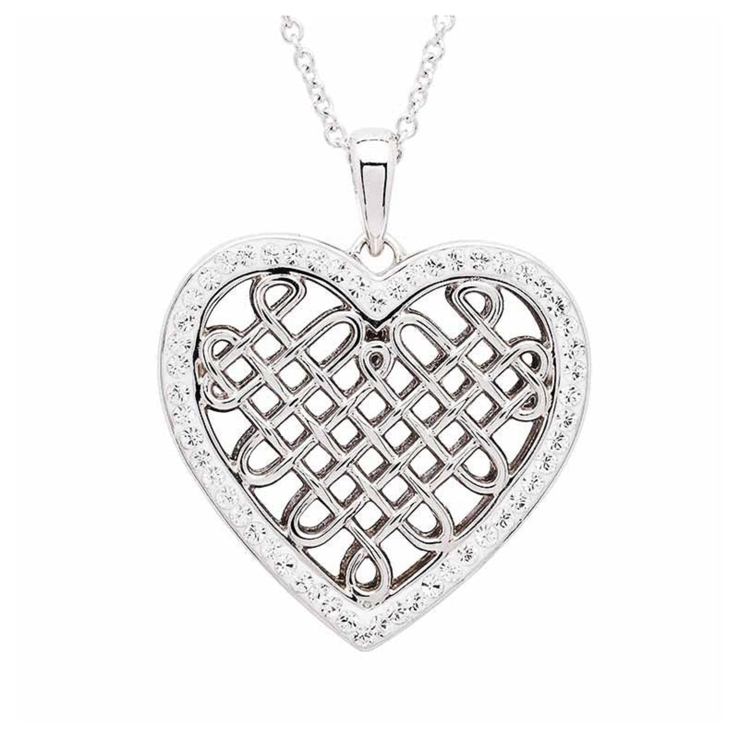 Silver heart-shaped pendant with intricate design on a white background