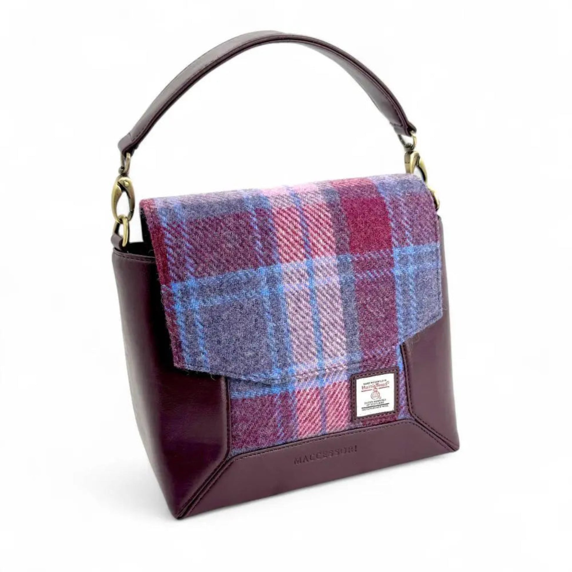 Handbag with plaid pattern and burgundy leather accents on a white background
