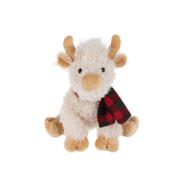Plush moose toy with a red and black plaid scarf on a white background