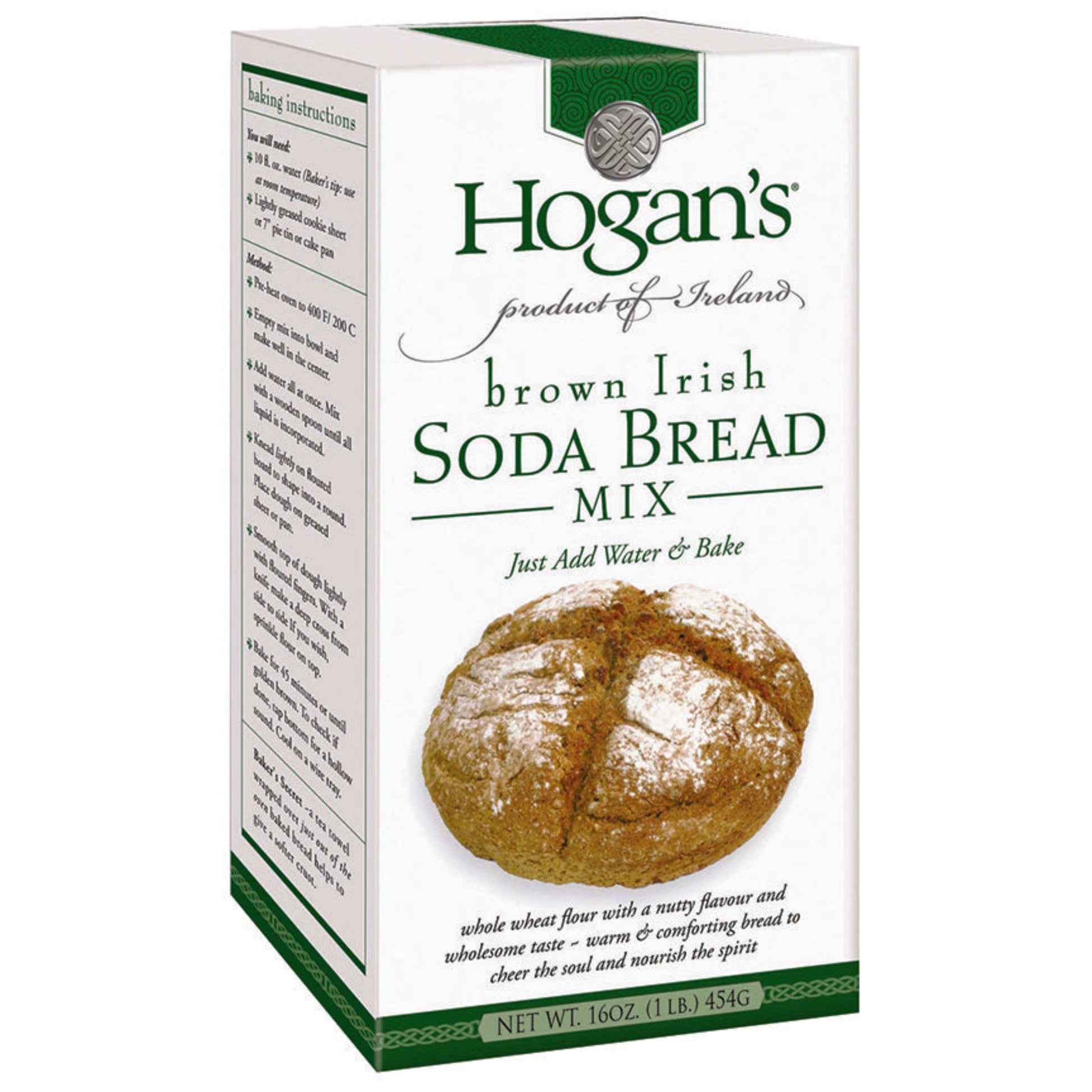 A white box with green accents and a photo of a round bread loaf. Text that reads, "Hogan's / Product of Ireland / Brown Irish Soda Bread Mix / Just Add Water & Bake."