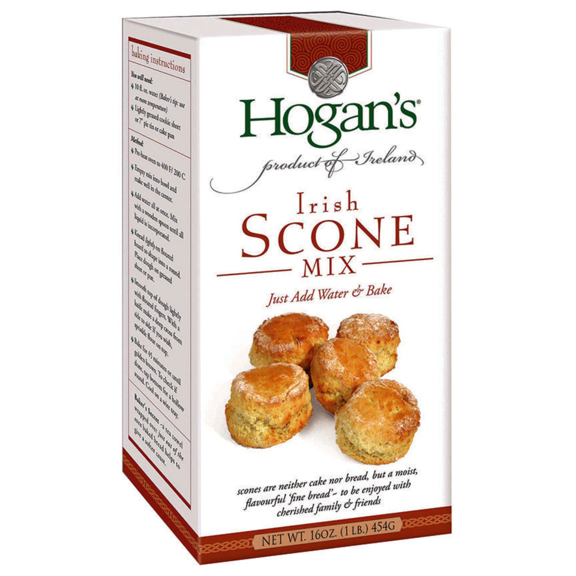 White box with orange accents, an image of five Irish scones, and the text "Hogan's / Product of Ireland / Irish Scone Mix / Just Add Water & Bake"