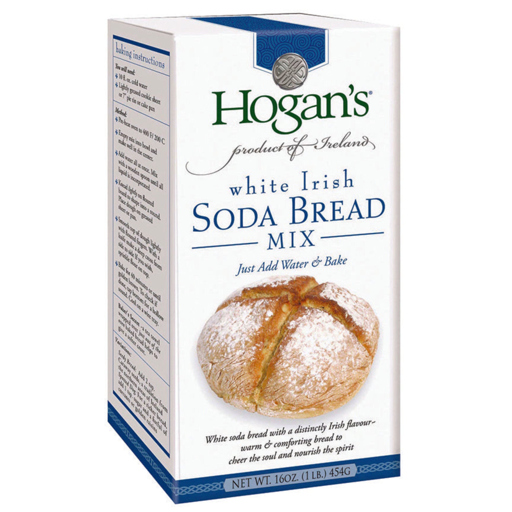 A white box with blue accents and a photo of a round bread loaf. Text that reads, "Hogan's / Product of Ireland / White Irish Soda Bread Mix / Just Add Water & Bake."