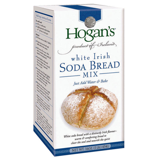 A white box with blue accents and a photo of a round bread loaf. Text that reads, "Hogan's / Product of Ireland / White Irish Soda Bread Mix / Just Add Water & Bake."