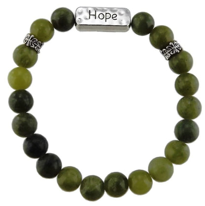 Green beaded bracelet with 'Hope' charm on a white background