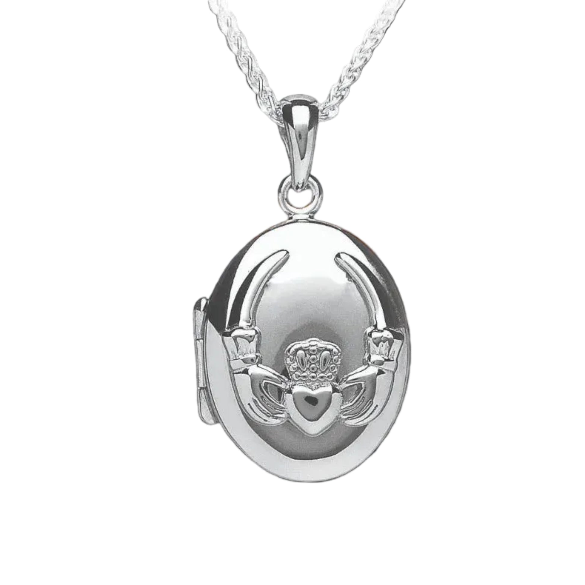 Silver claddagh locket necklace with a white background