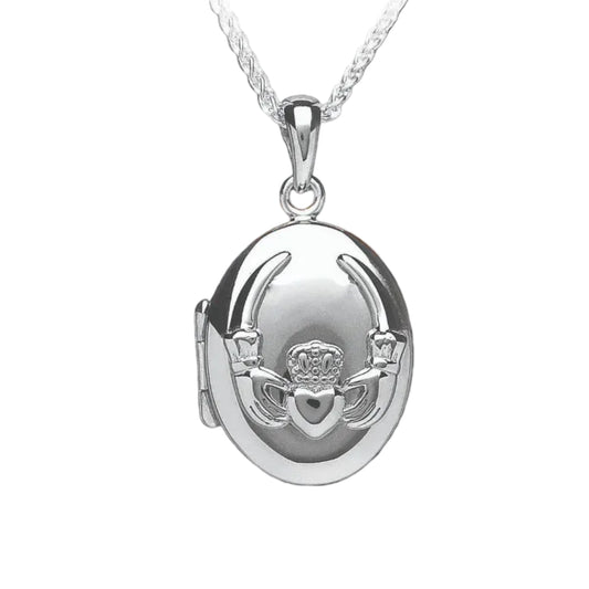 Silver claddagh locket necklace with a white background