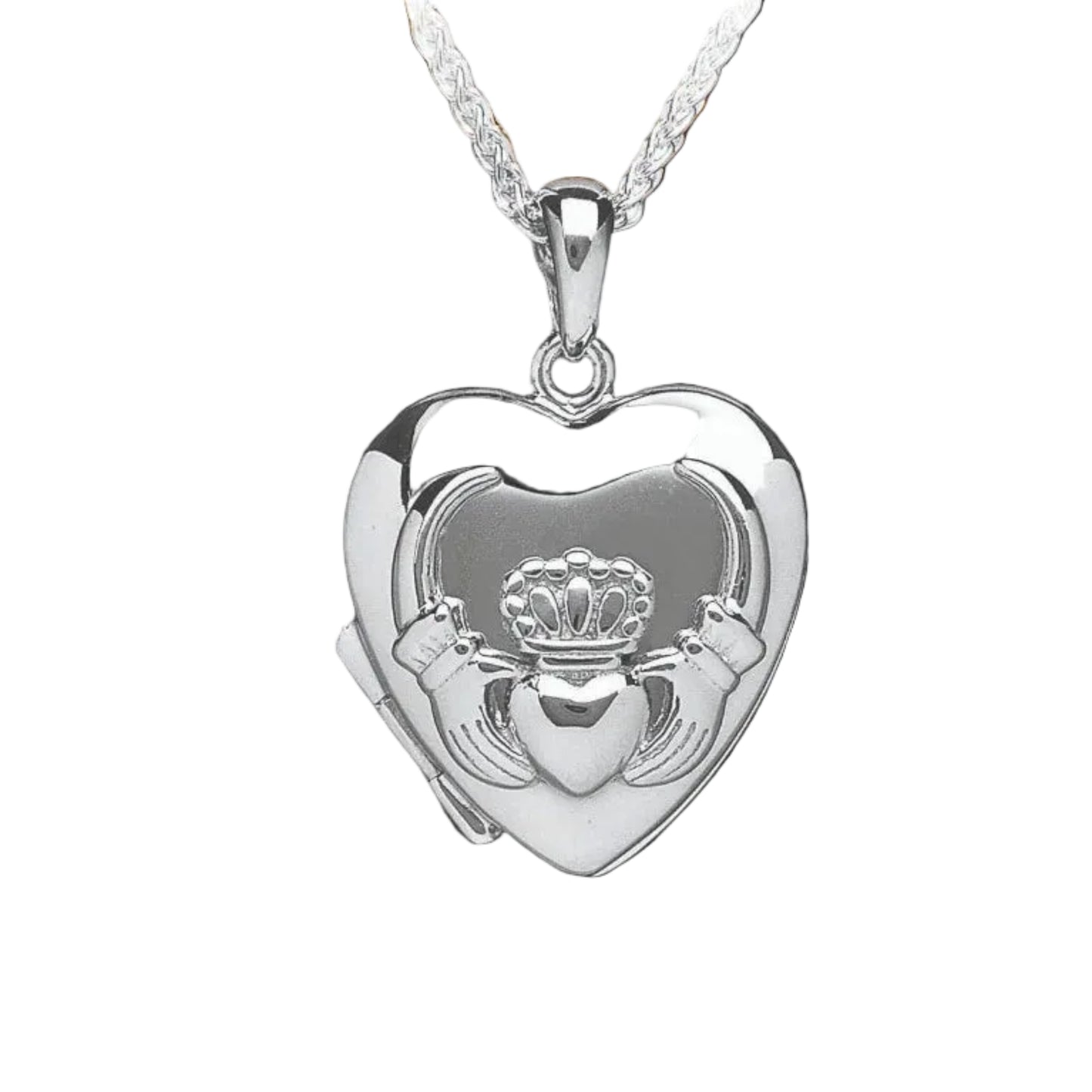 Silver heart-shaped pendant with a claddagh design on a white background
