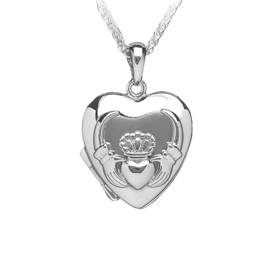 Silver heart-shaped pendant with a claddagh design on a white background