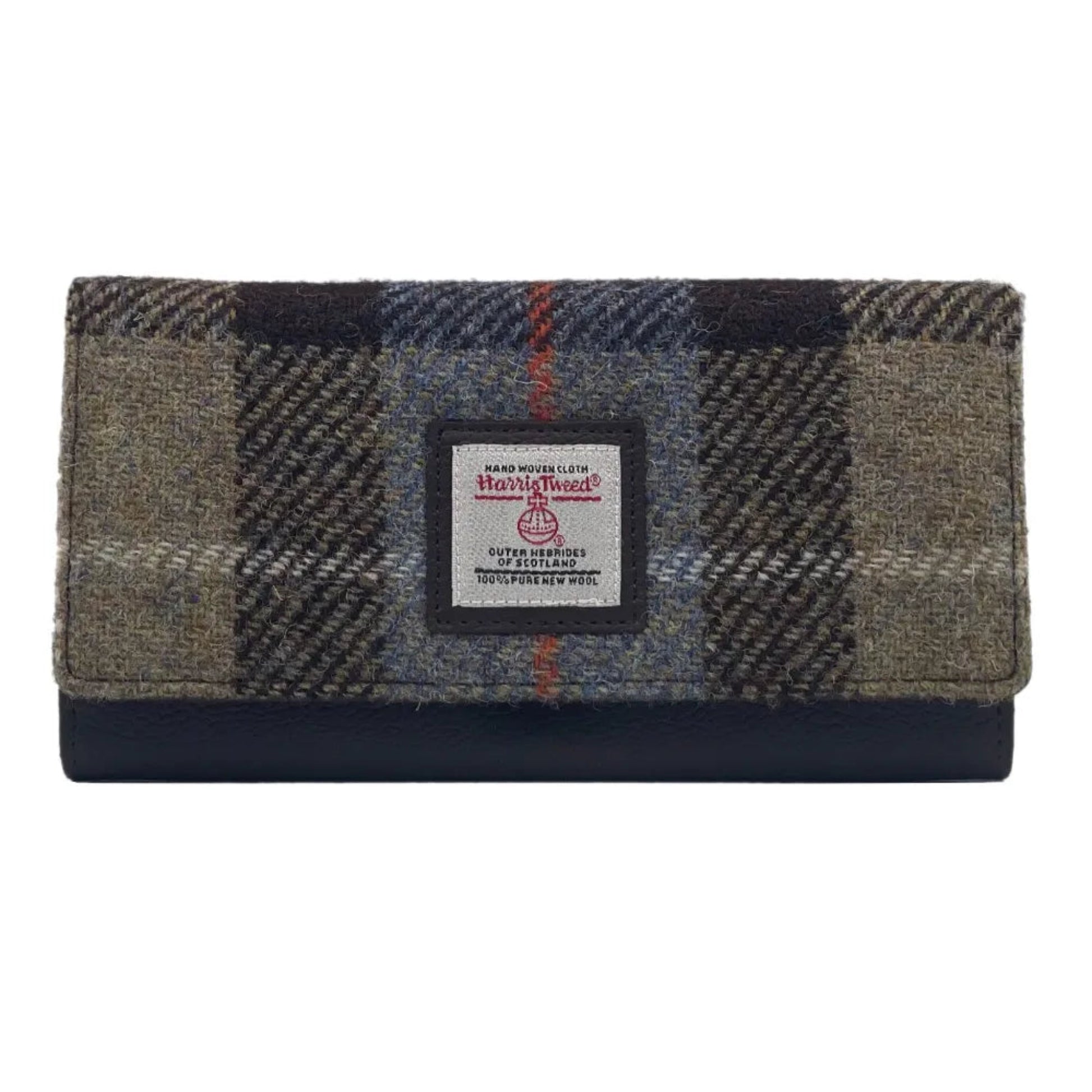 Plaid wallet with a brand label on a white background