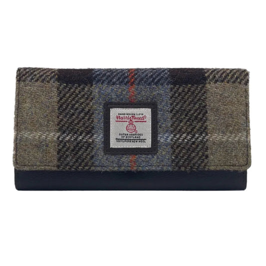 Plaid wallet with a brand label on a white background