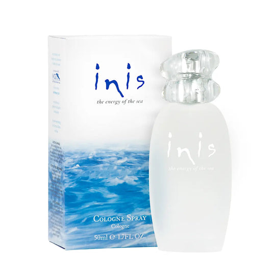 A bottle of Inis Cologne Spray next to its packaging box, featuring a clear glass bottle with a label and a blue and white design on the box.
