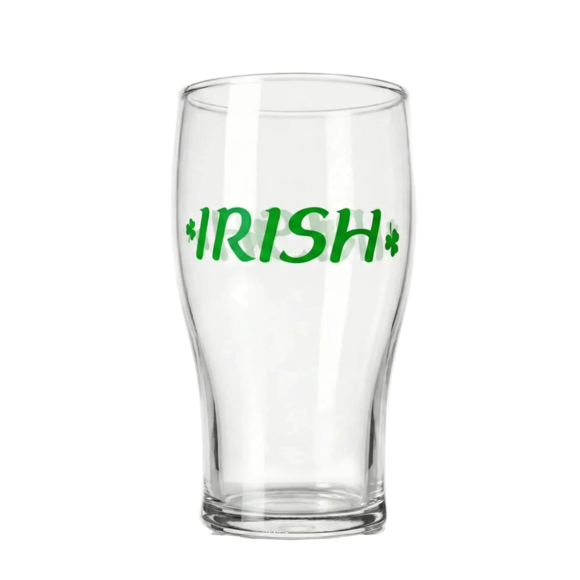 Clear glass with 'IRISH' in green text on a white background
