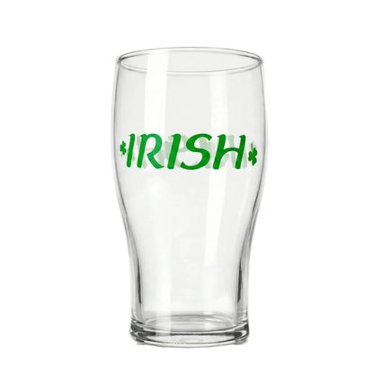 Clear glass with 'IRISH' in green text on a white background