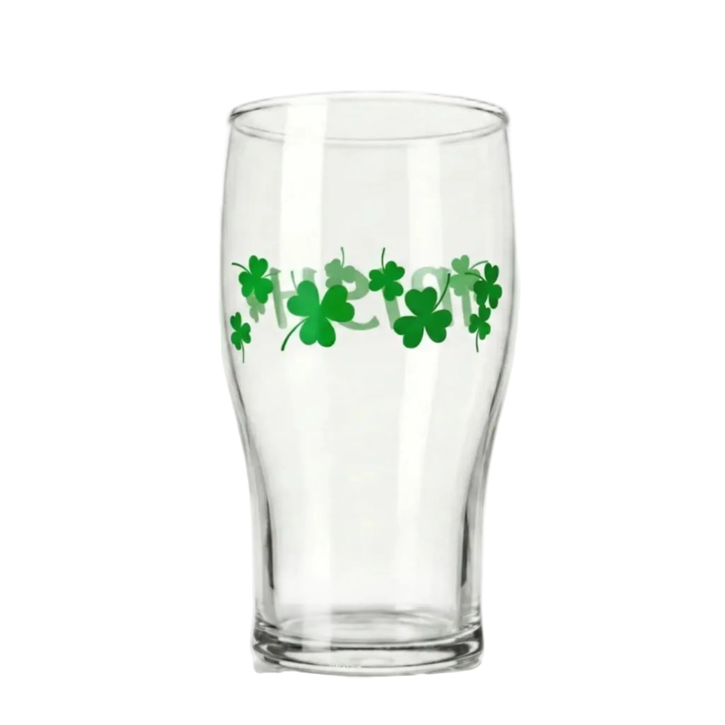 Clear glass with green shamrock design on a white background