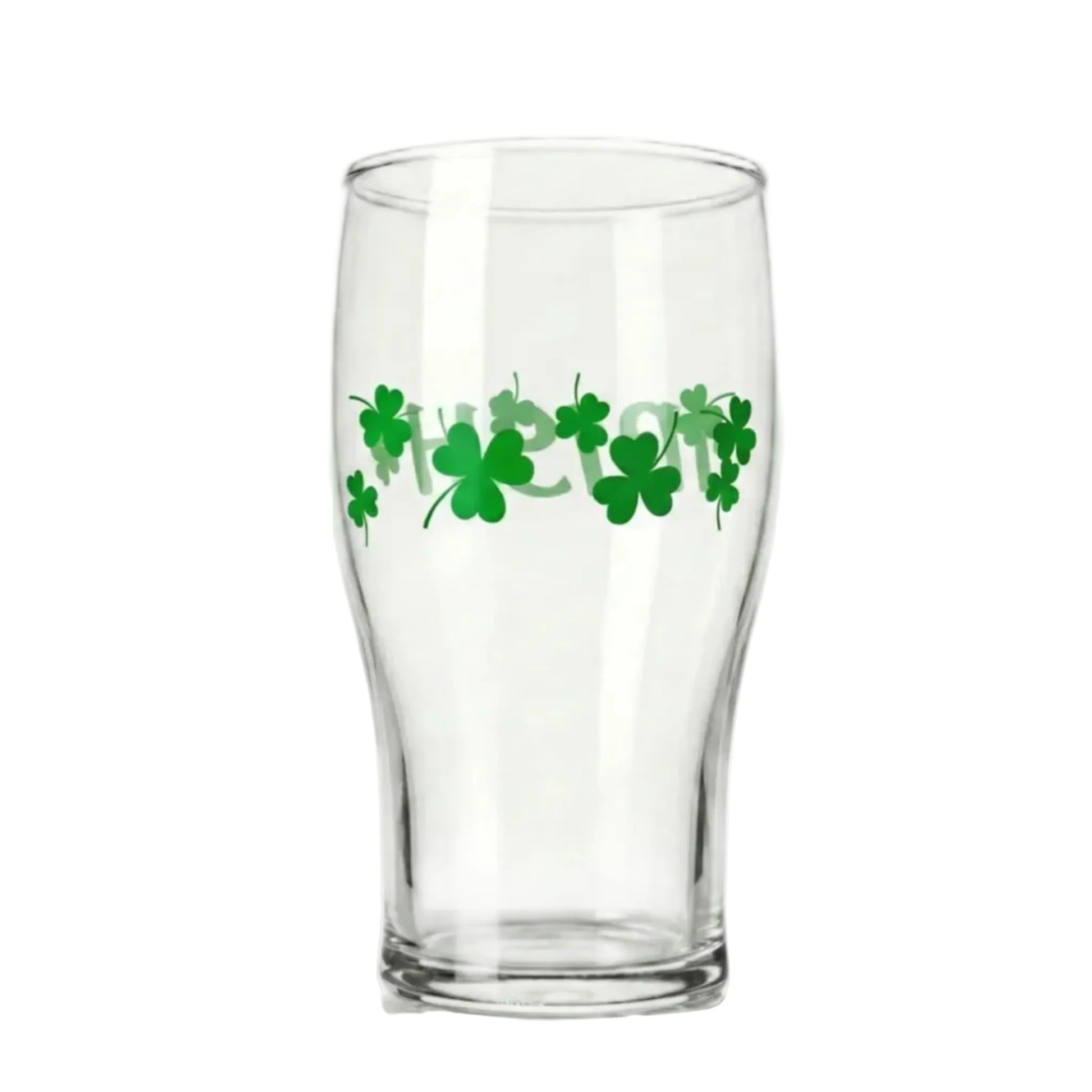 Clear glass with green shamrock design on a white background