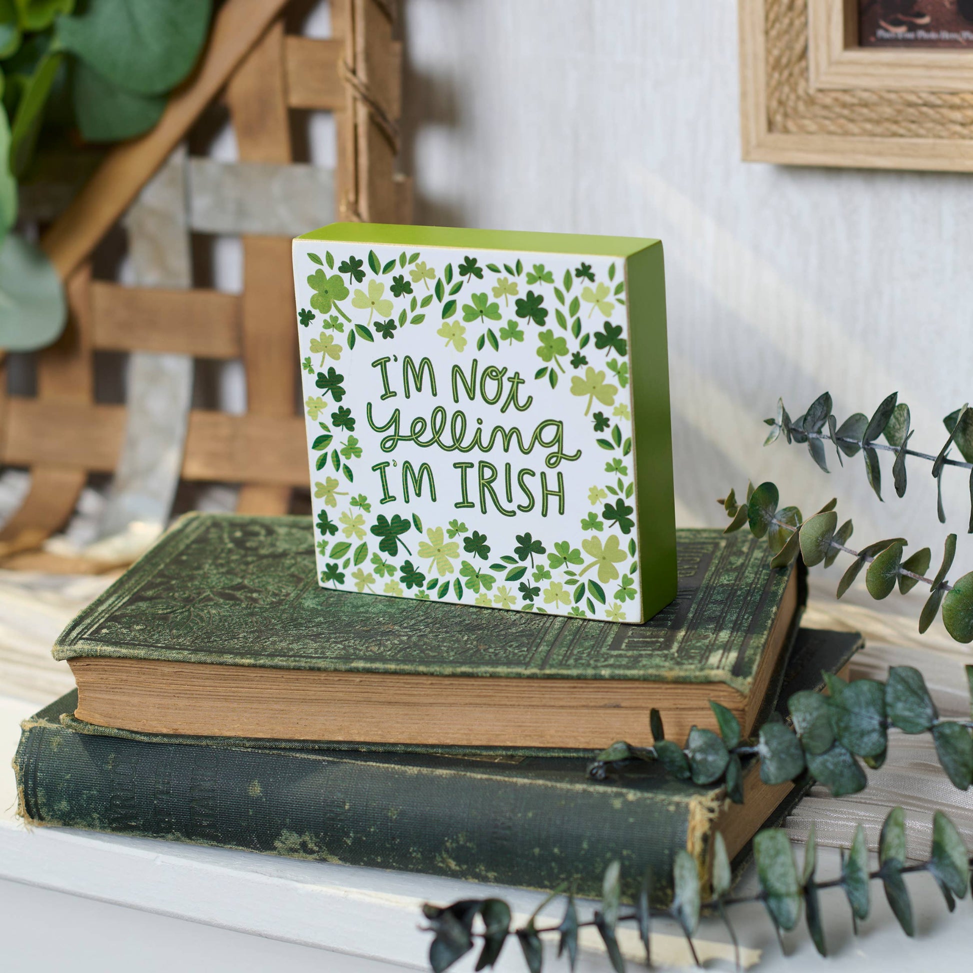 Small wooden sign with 'I'm Not Yelling I'm Irish' text on top of books with greenery around.