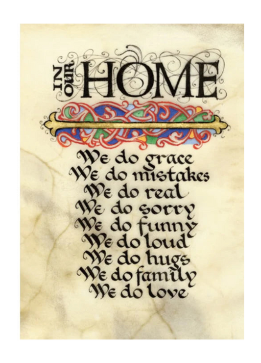 Decorative text poster with a home-themed quote on a textured beige background