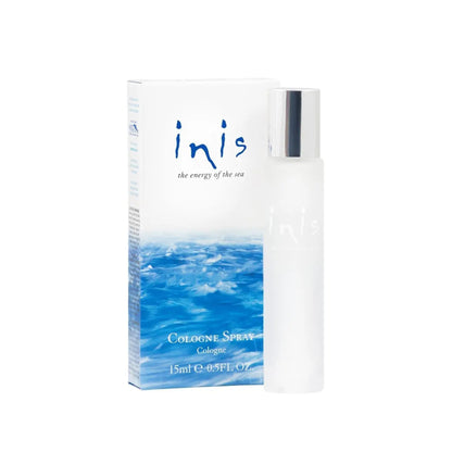 A 0.5oz bottle of Inis cologne spray next to a white and blue wave-themed box. 