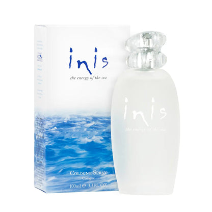 A 3.3oz bottle of Inis cologne spray next to a white and blue wave-themed box. 