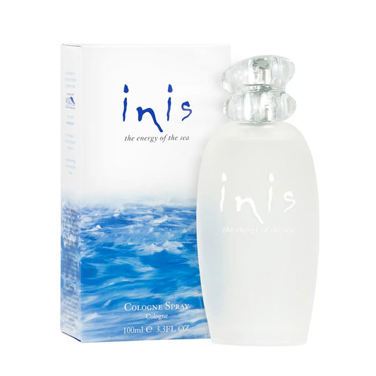 A 3.3oz bottle of Inis cologne spray next to a white and blue wave-themed box. 