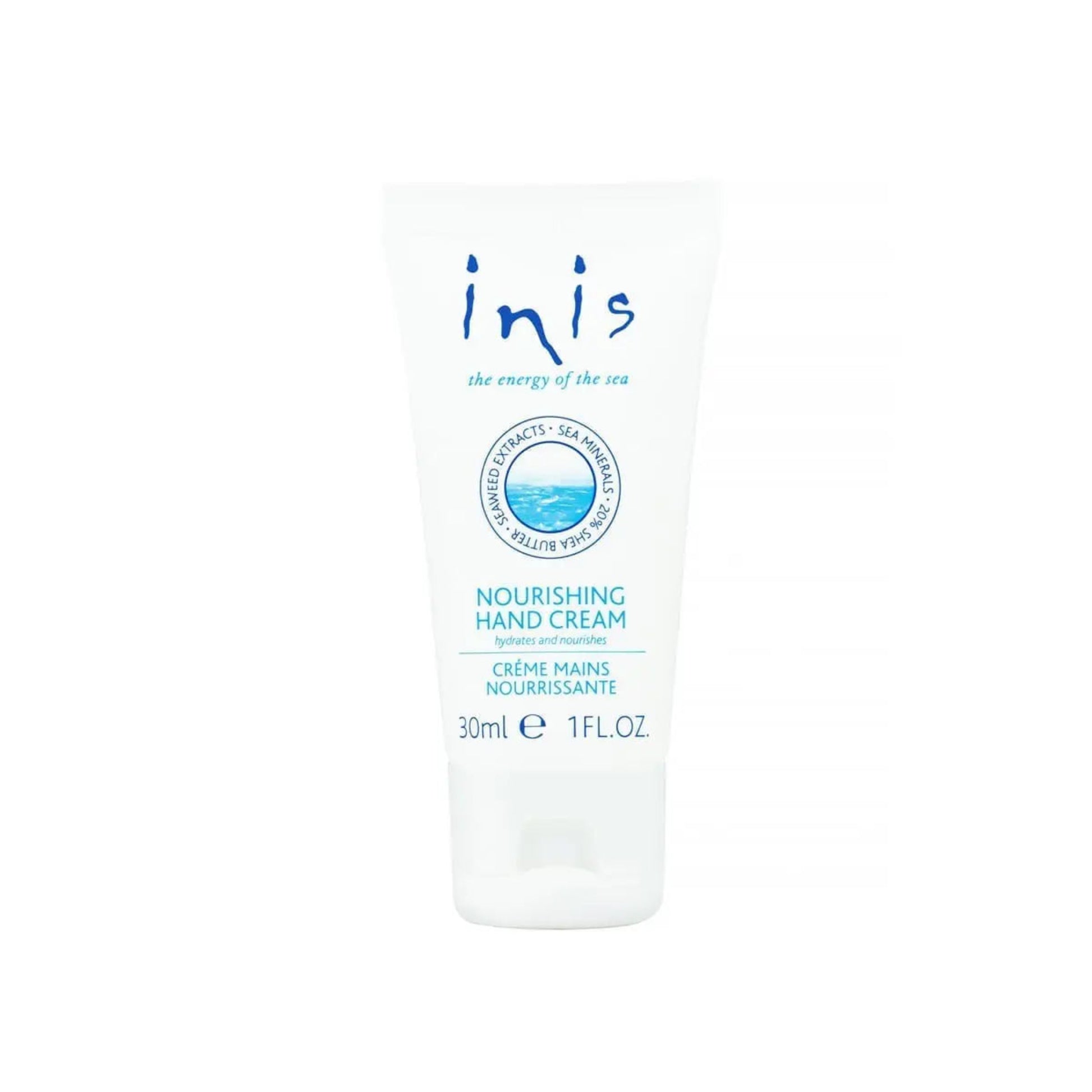 A white tube of Inis Hand Cream with blue descriptive text