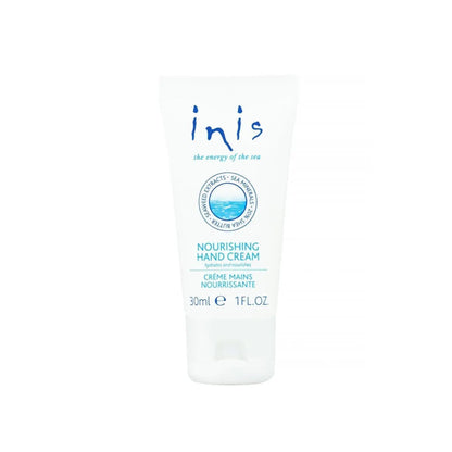 A white tube of Inis Hand Cream with blue descriptive text