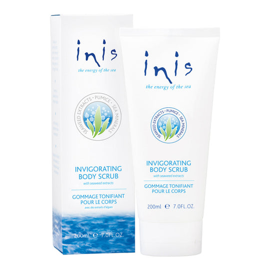 White body scrub tube with blue text next to a matching white box. 
